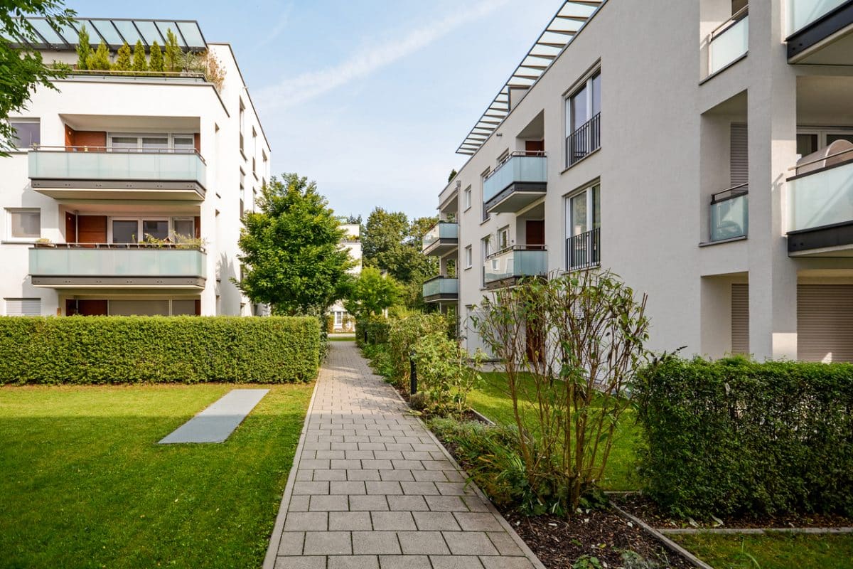 Aménagement extérieur avec patio, terrasse et jardin verdoyant