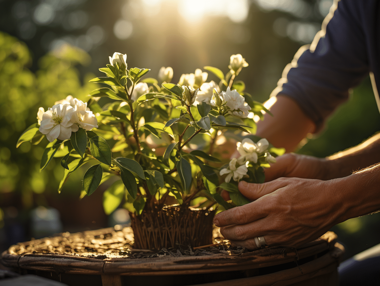 Bouture de seringat avec fleurs et outils de jardinage