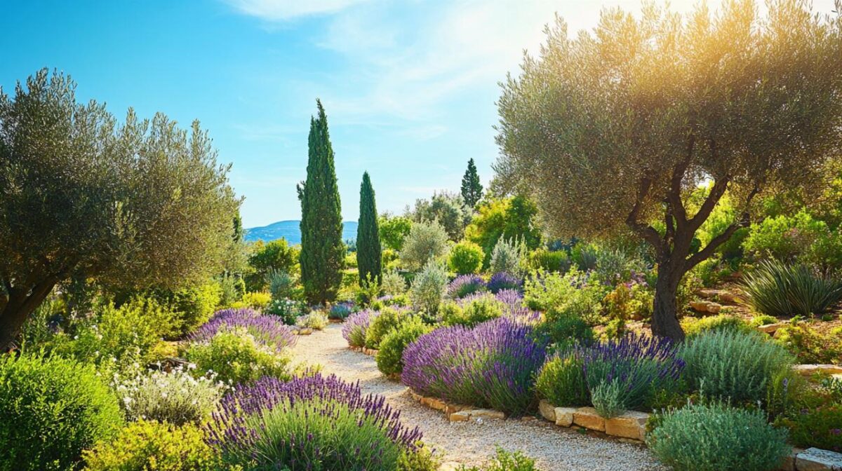 Jardin méditerranéen avec laurier-rose et lavande en été