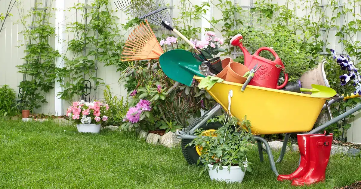 Équipement de jardinage avec outils variés sur une table de travail