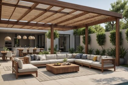 Pergola bioclimatique adossée dans un jardin moderne et accueillant