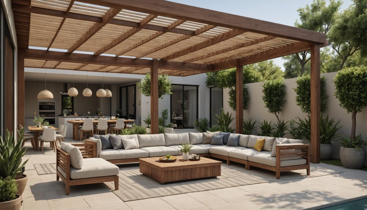Pergola bioclimatique adossée dans un jardin moderne et accueillant