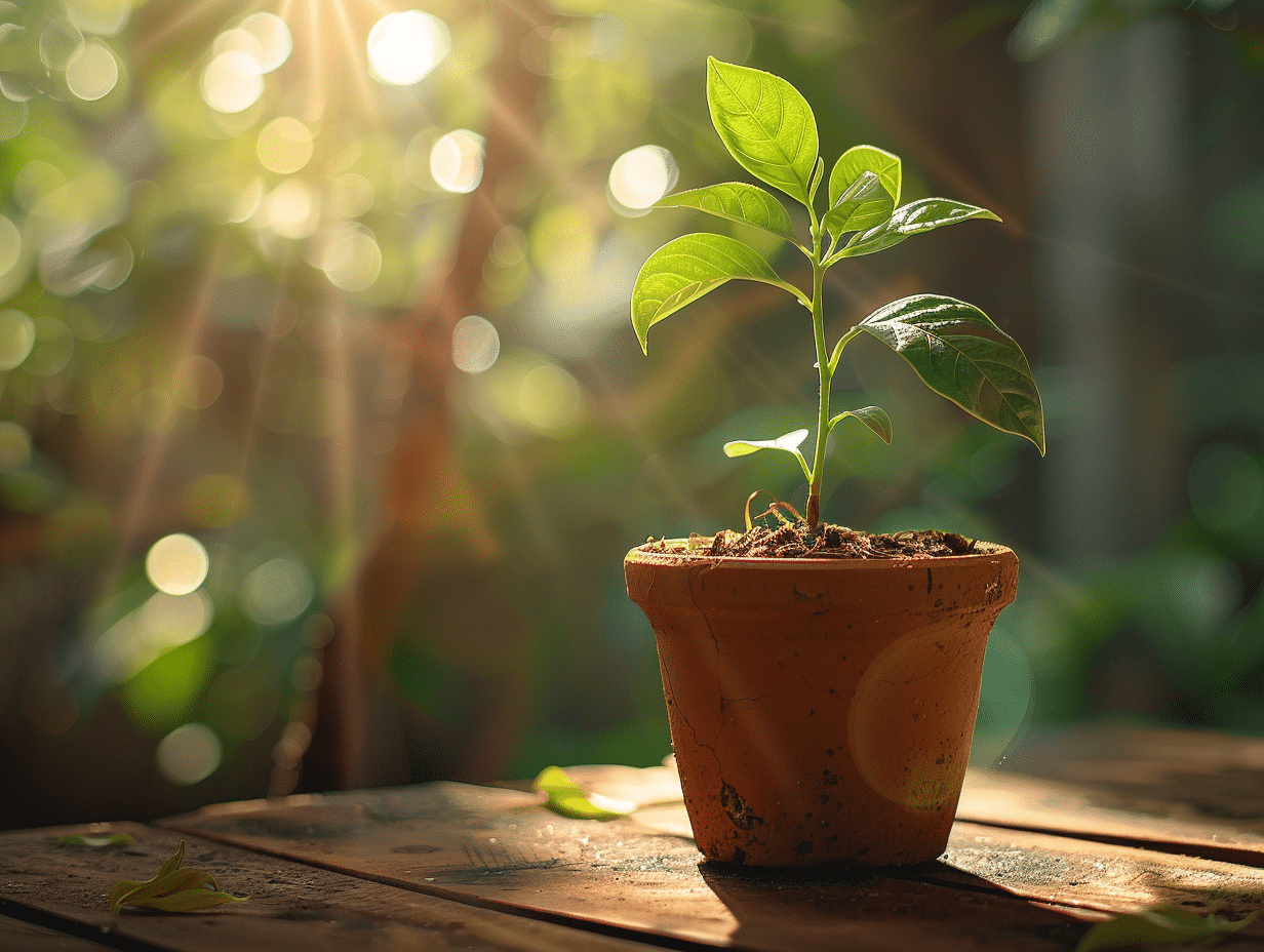 Germination d'un noyau de mangue dans un pot de terre