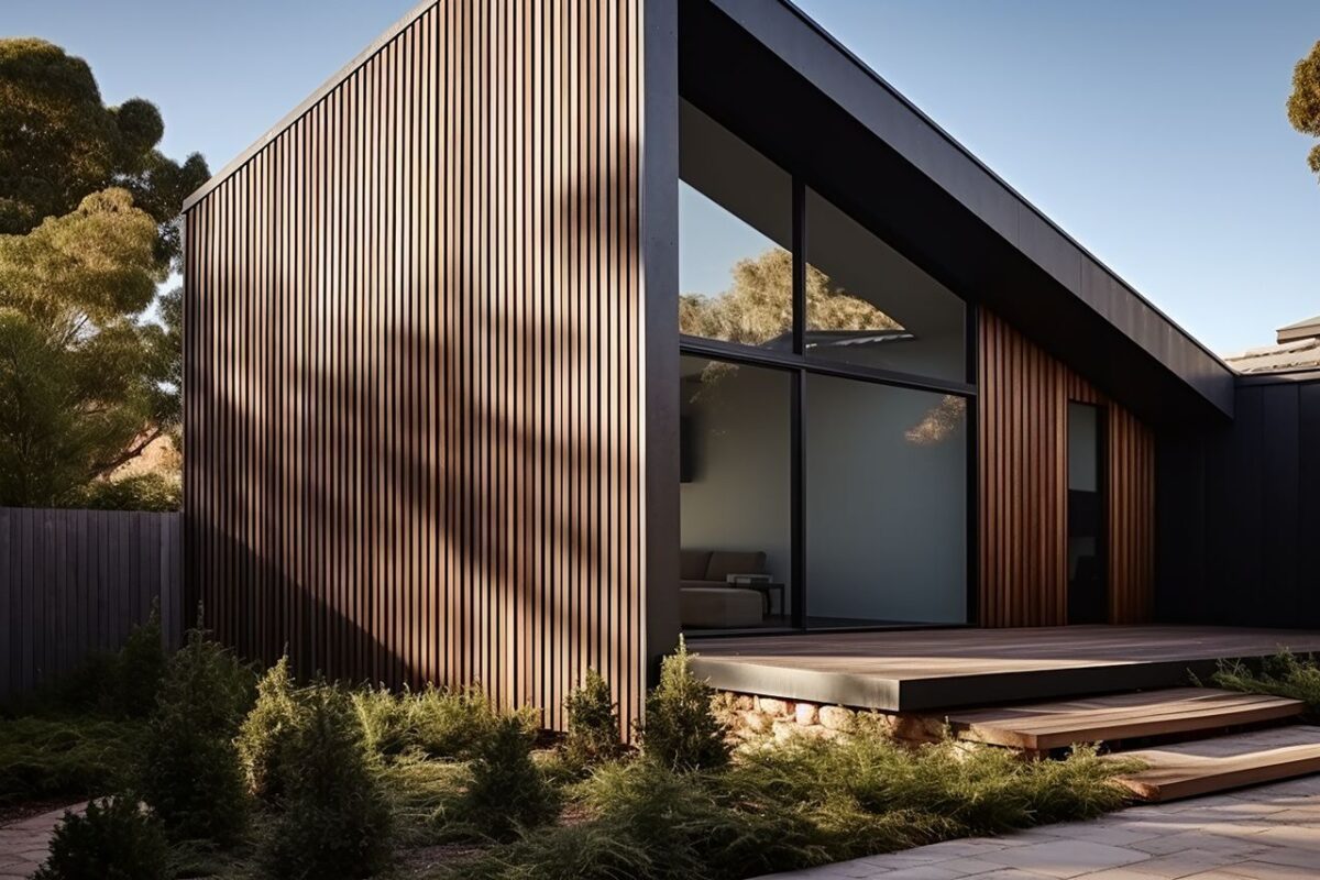 Bardage en bois composite sur une maison moderne et écoresponsable