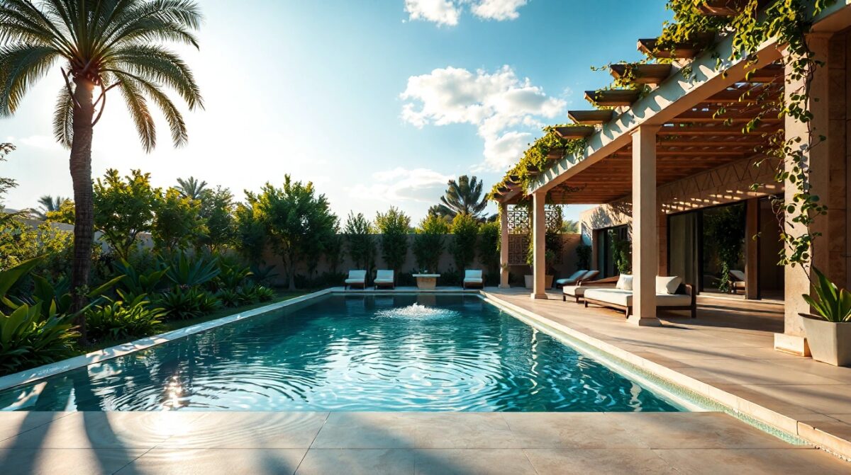 Espace piscine moderne avec pergola bioclimatique élégante