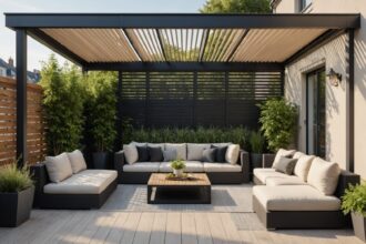 Pergola bioclimatique en bois avec lames orientables dans un jardin à Rouen