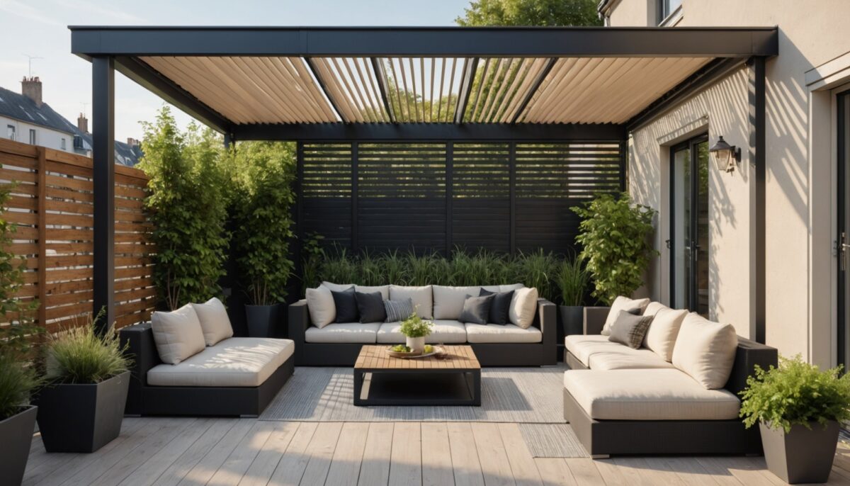 Pergola bioclimatique en bois avec lames orientables dans un jardin à Rouen
