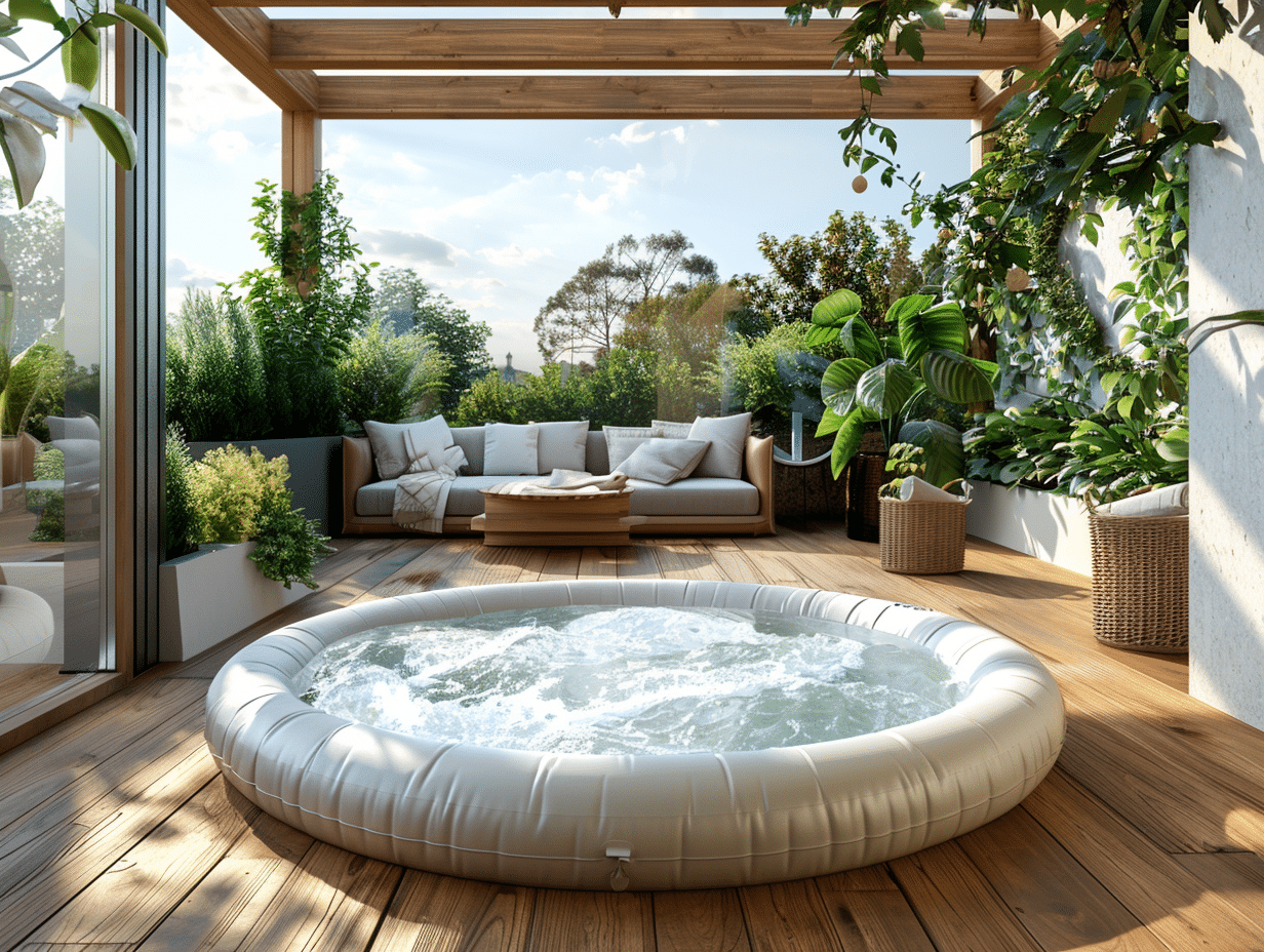 Jacuzzi gonflable installé sur une terrasse ensoleillée