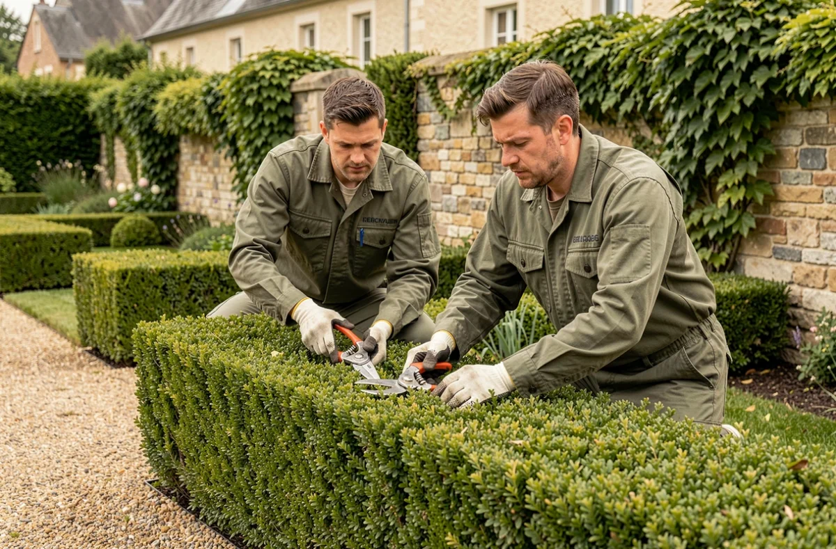 Équipe de paysagistes A2E Paysages taillant une haie de buis dans un jardin résidentiel du Grand Est