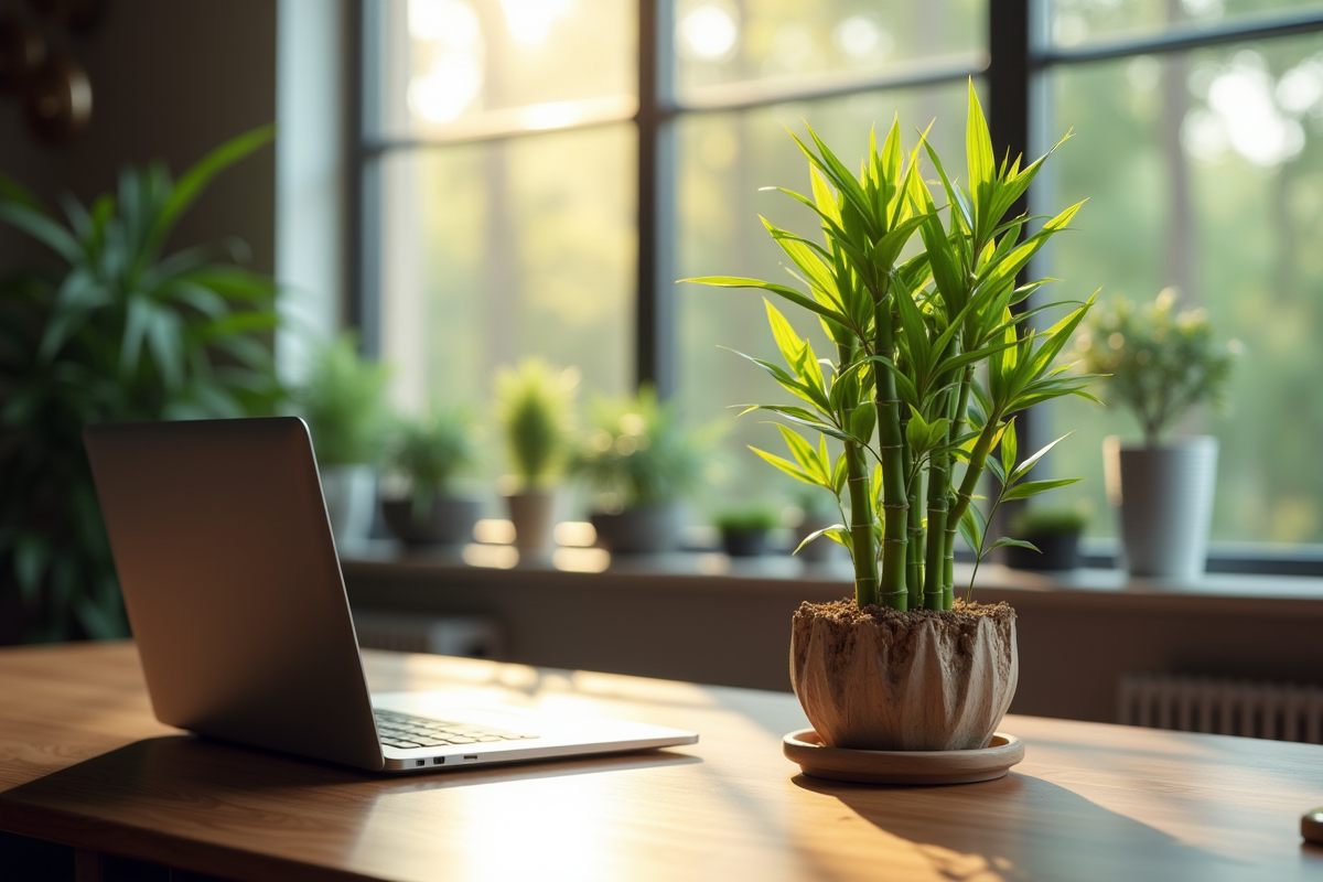 Plante de bambou vert sur un bureau moderne lumineux