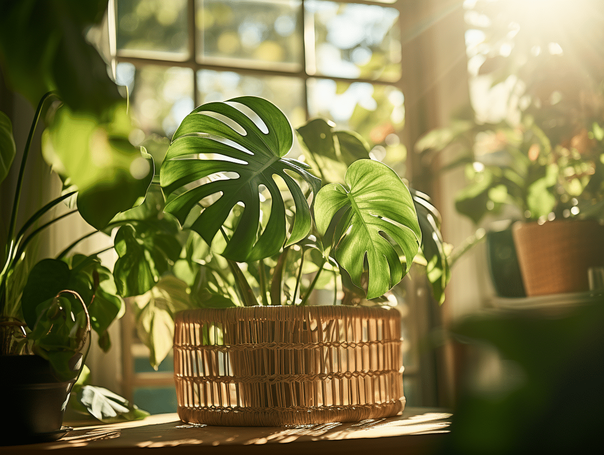 Tuteur en bois soutenant une plante monstera luxuriante