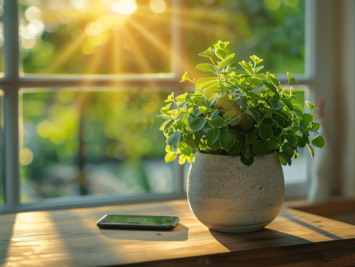 Pot de fleurs intelligent Planty dans un jardin moderne et connecté