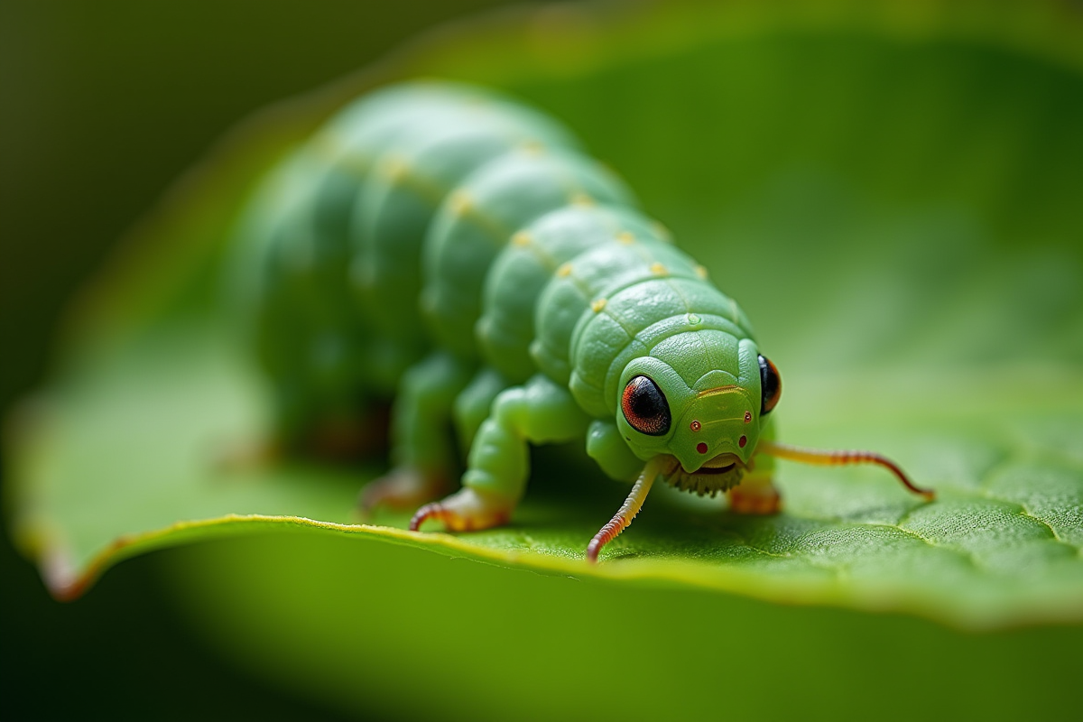 Chenille sphinx sur une feuille verte lumineuse en macro
