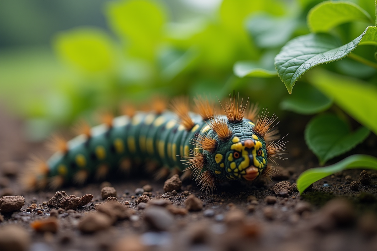 Chenille sphinx reposant sur sol humide près de feuillage