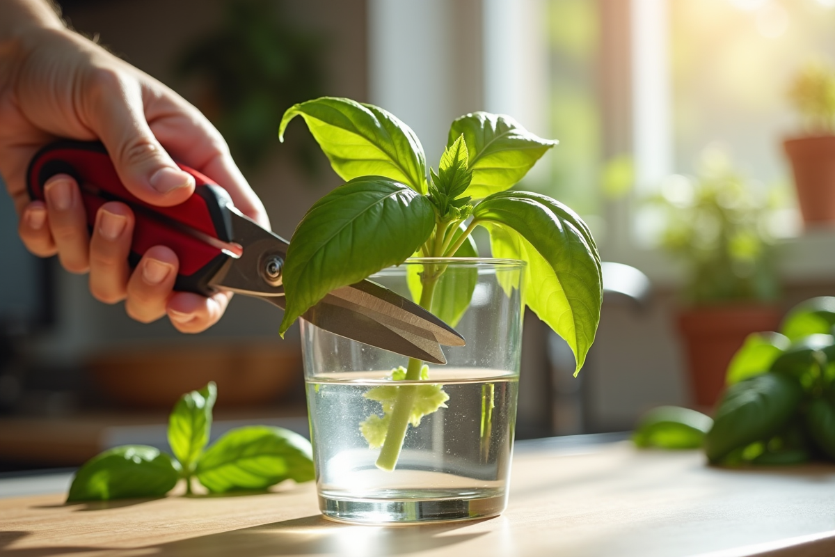 Mains coupant un brin de basilic avec des ciseaux dans une cuisine lumineuse