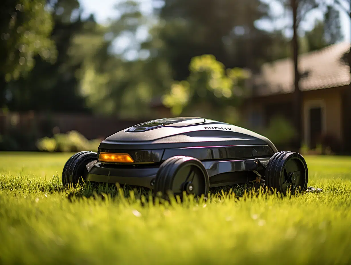 Robot tondeuse en action dans un jardin verdoyant