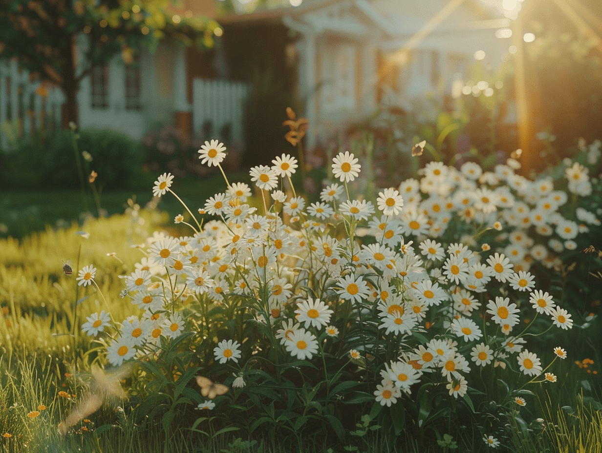 Vergerette annuelle en fleurs dans un jardin coloré et vivant