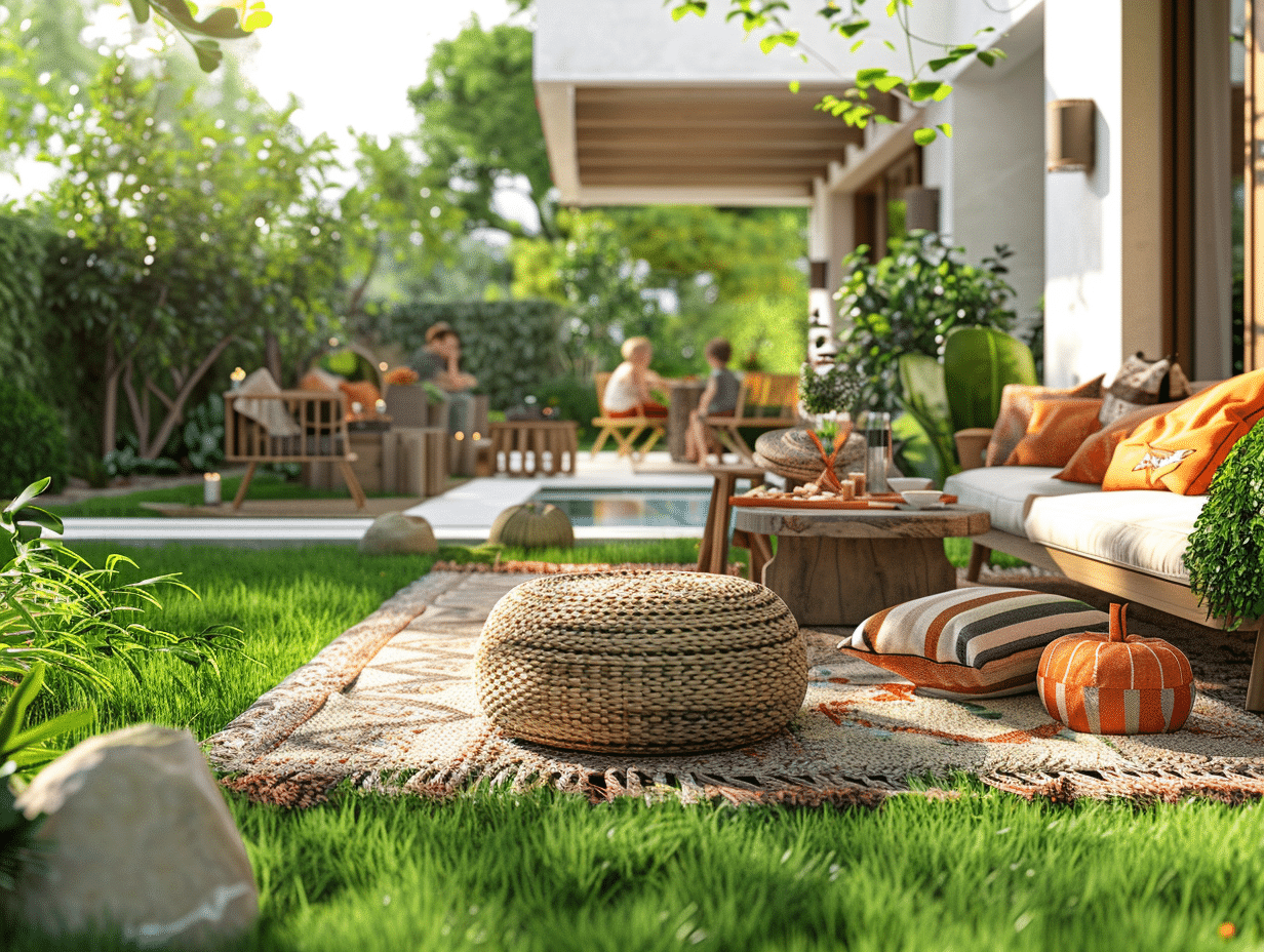 Terrasse aménagée sur pelouse avec mobilier économique et décorations simples
