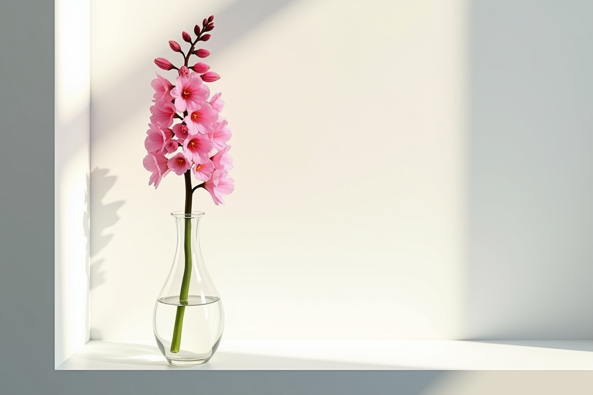 Tige de delphinium rose dans un vase minimaliste sur une fenêtre lumineuse