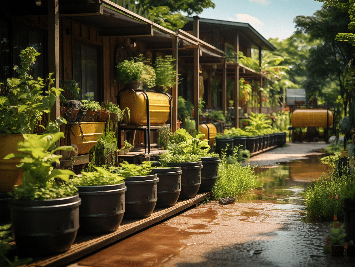 système de collecte d'eau de pluie dans un jardin potager