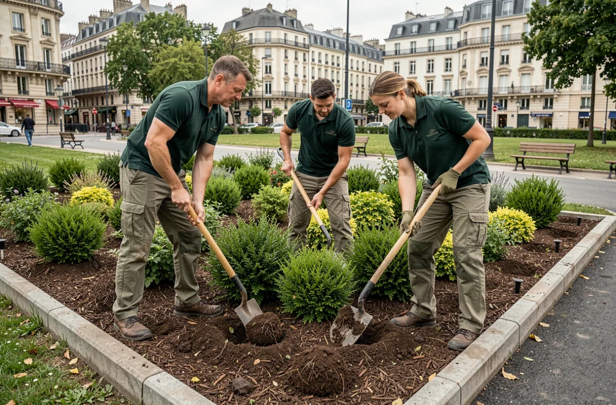 Équipe d'Espaces Verts Services plantant des arbustes ornementaux dans un parc urbain du Grand Est