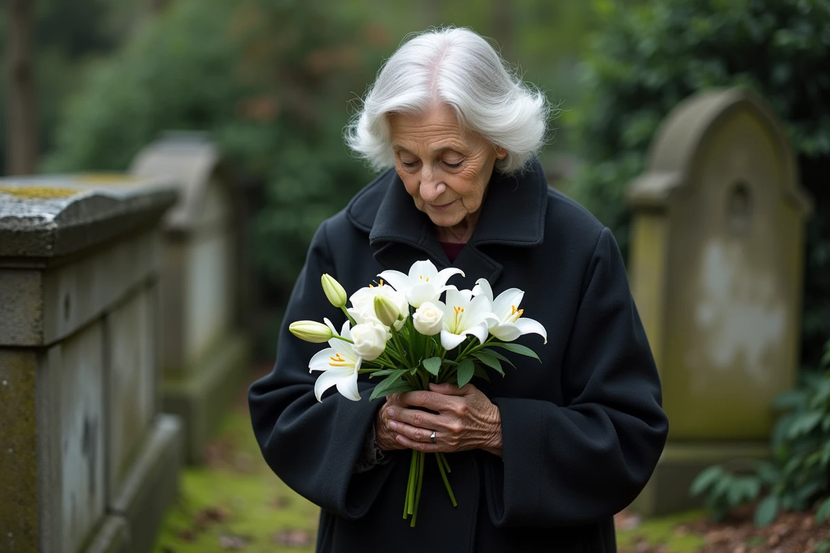Femme agee tenant des lys et roses dans un cimetiere
