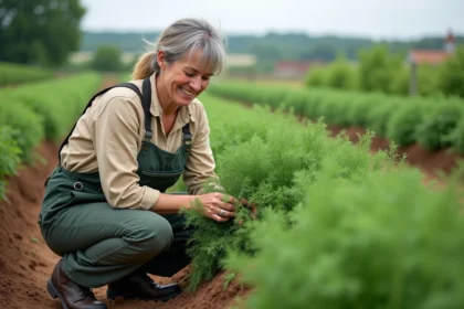 Femme agricultrice bio cultivant la menthe dans un champ
