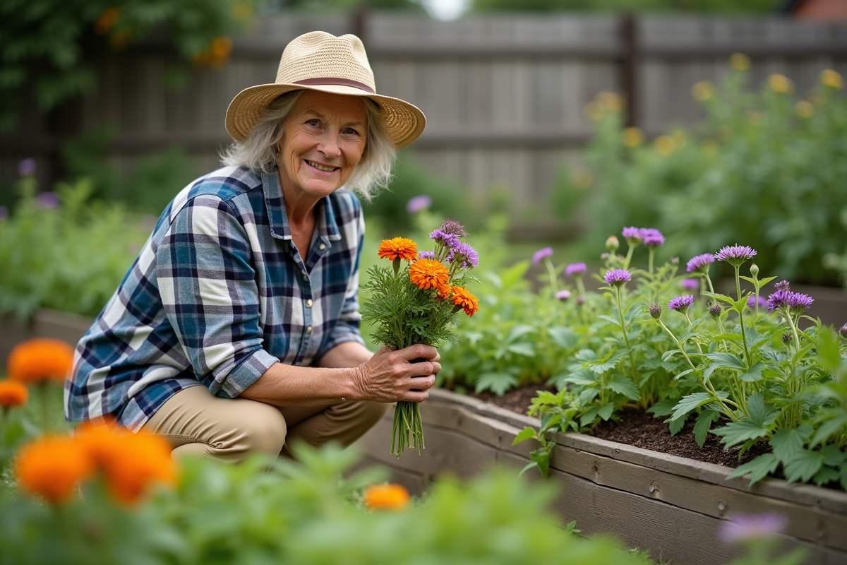 Femme en jardinage avec fleurs et plants de tomates