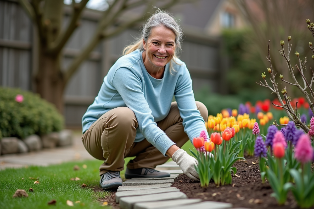 Femme souriante plantant des fleurs de printemps dans le jardin