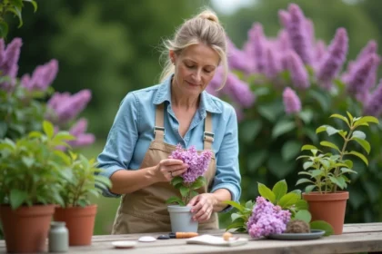 Femme plantant un lilas dans un jardin en extérieur