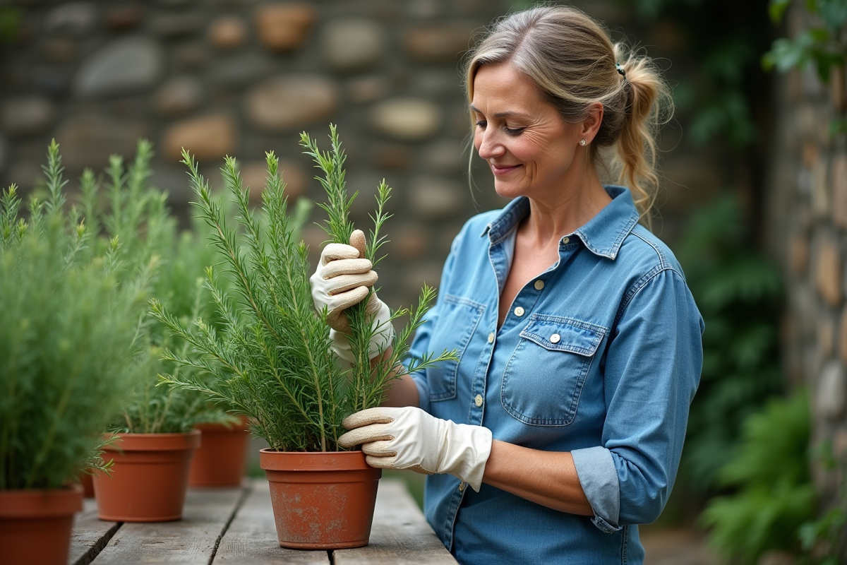 Femme en chemise en denim et gants de jardinage cueillant du romarin