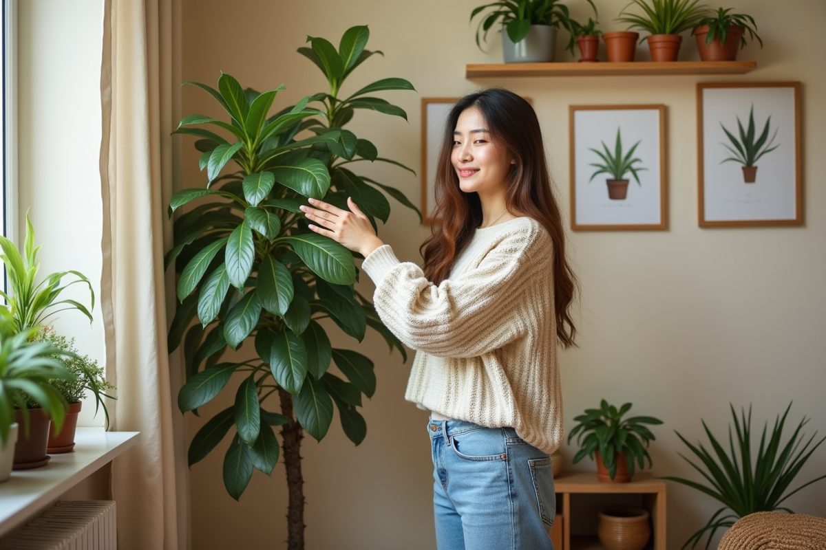 Jeune femme nettoyant des feuilles de plantes d'intérieur dans un coin cosy