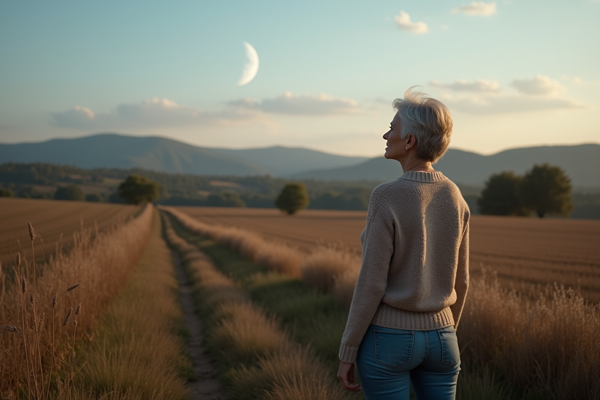 Femme contemplant la lune dans un champ rural au crépuscule