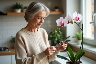 Femme taillant une orchidée phalaenopsis dans une cuisine moderne