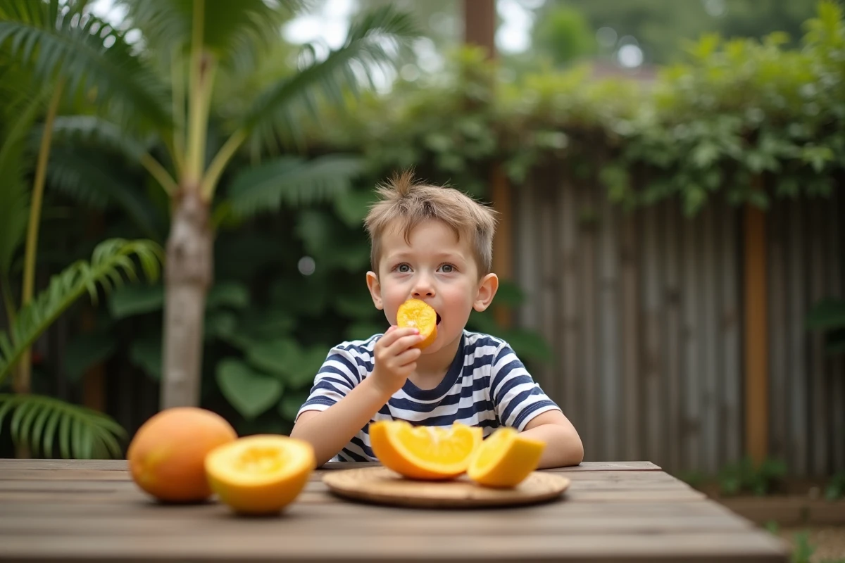Garçon dégustant un morceau de ceriman dans un jardin tropical
