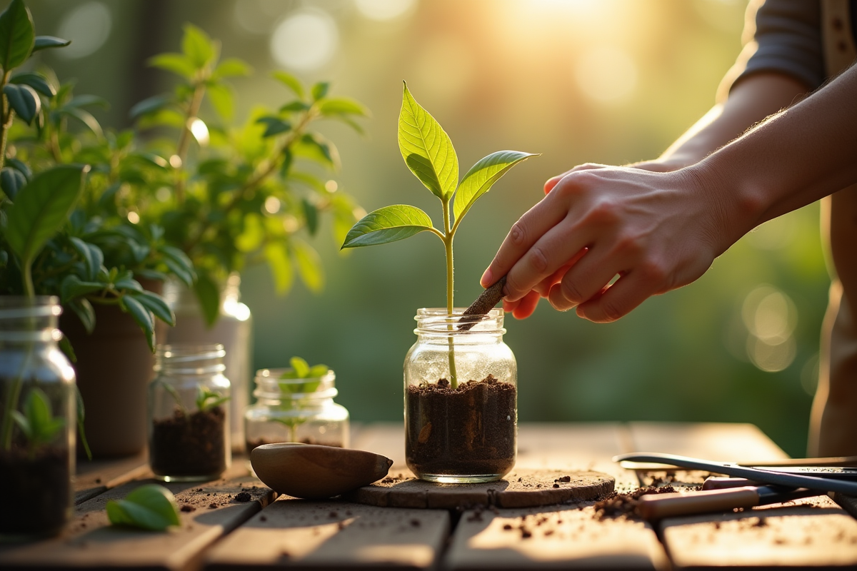Bouteilles et ingrédients pour créer une hormone de bouturage maison