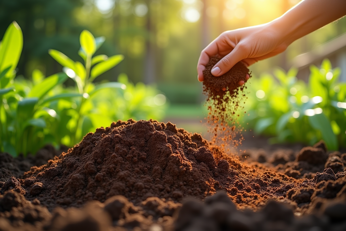 Marc de café mélangé au compost dans un jardin potager