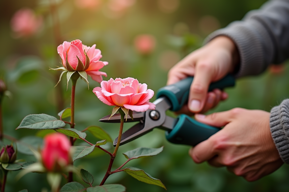 Rosier avec fleurs fanées à couper pour une meilleure floraison