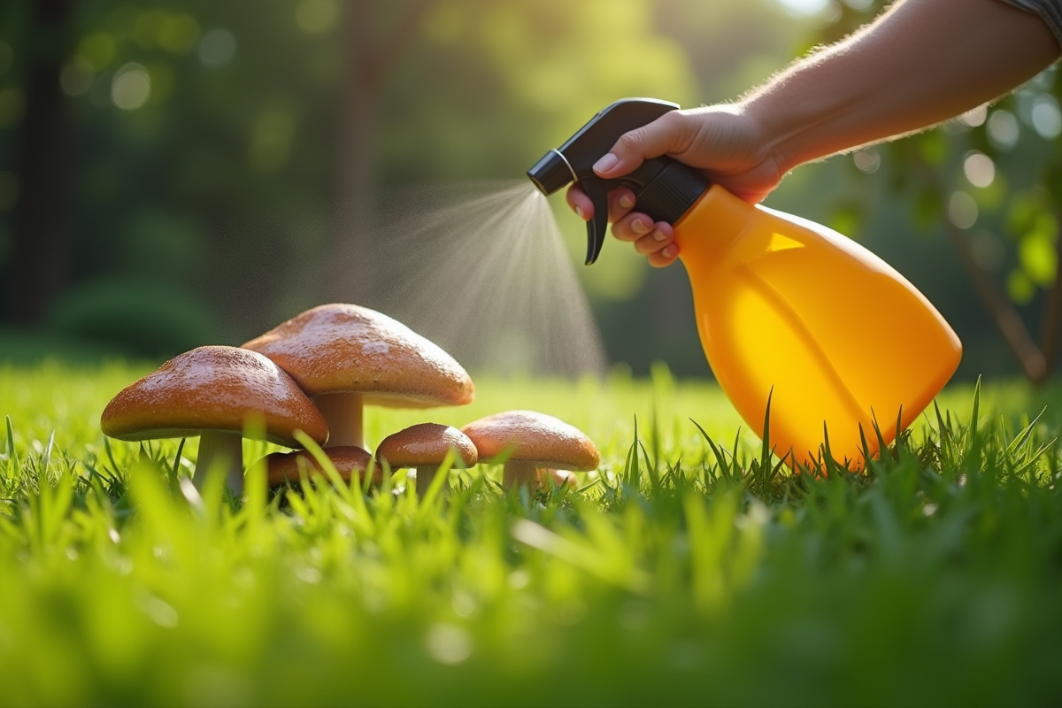 Champignons envahissant une pelouse avec taches brunes et blanches