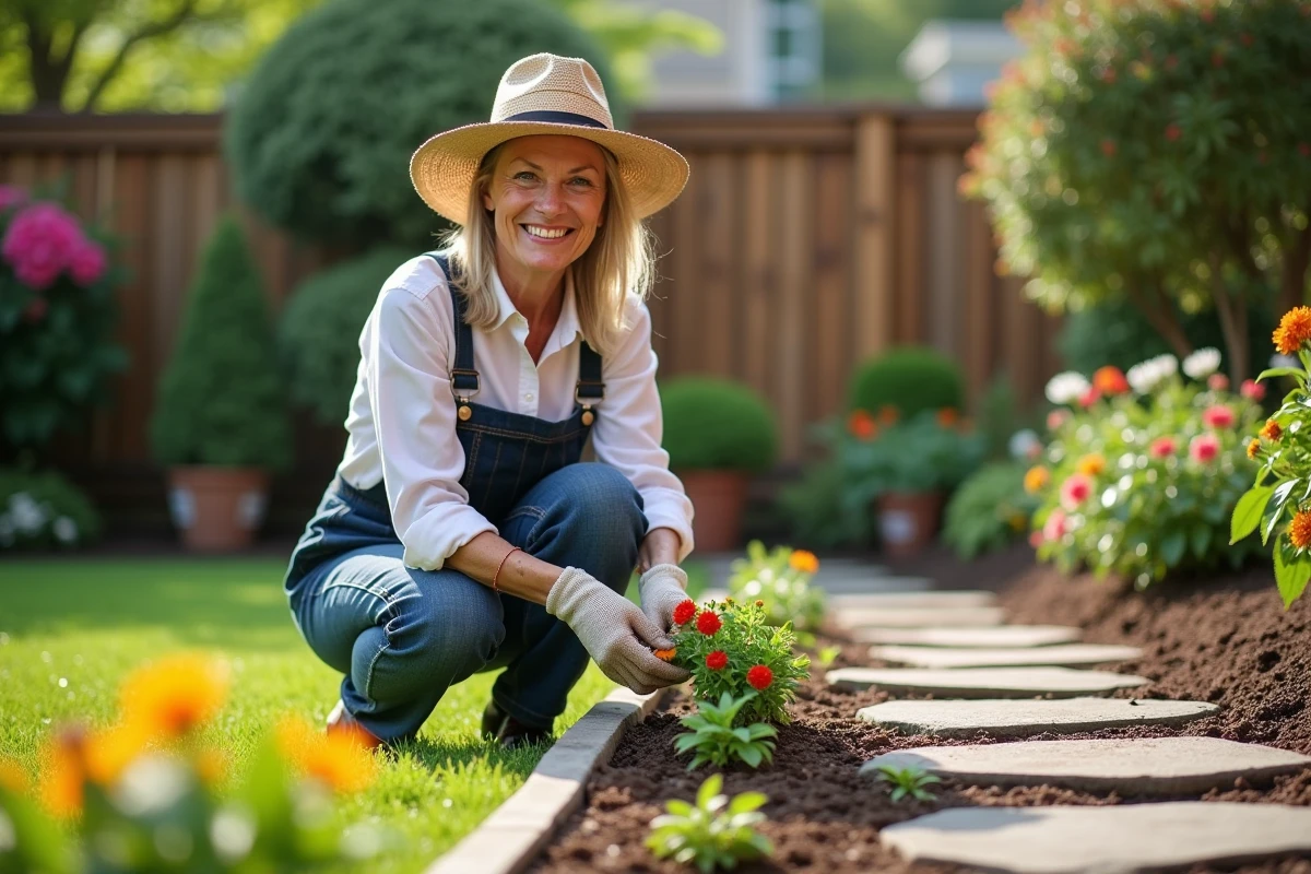 jardin aménagé avec des plantes et un coin détente accueillant