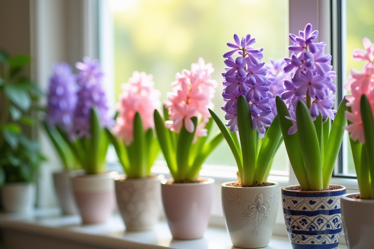 Jacinthes en pot avec des fleurs éclatantes et des feuilles vertes