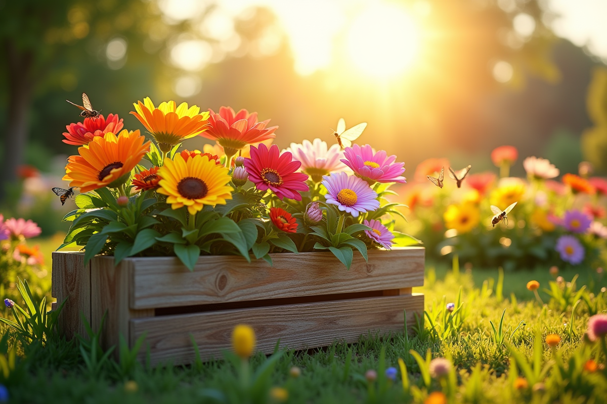 Bac à fleurs en bois dans un jardin verdoyant et écologique