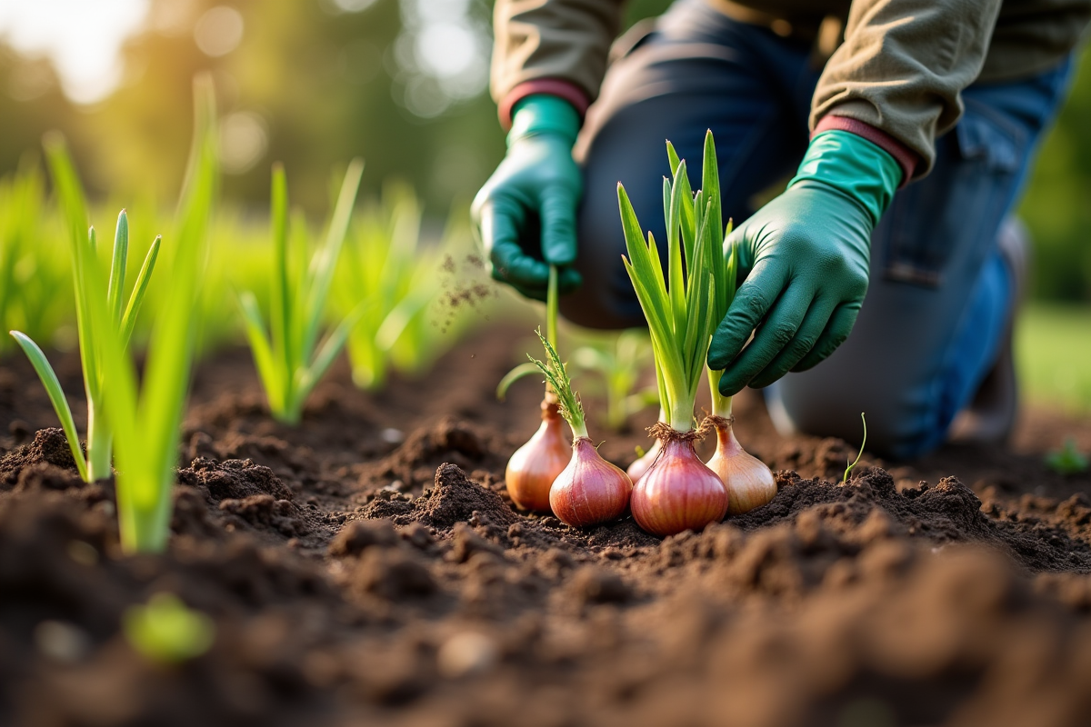 Bulbes d'oignons prêts à être plantés au printemps