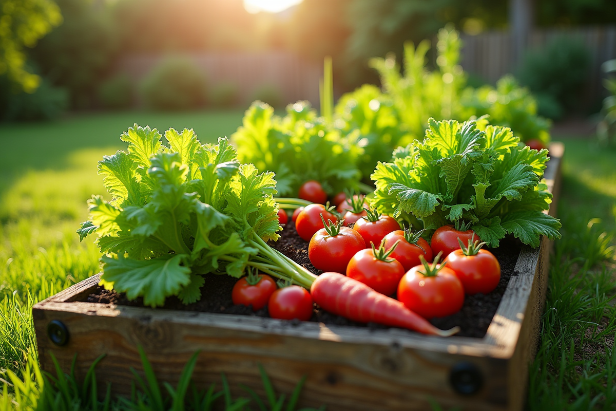 Légumes cultivés en bac sur un balcon urbain verdoyant
