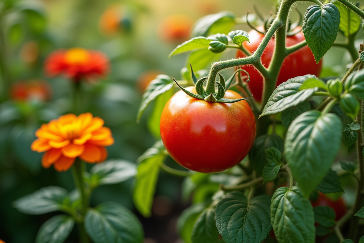 Fenouil et basilic en interaction avec des plants de tomates dans un potager