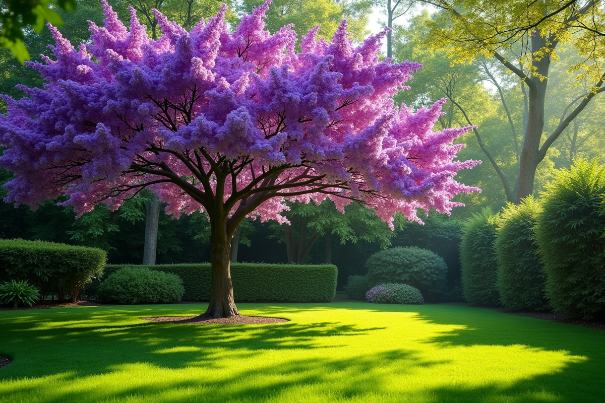 Arbre à fleurs violettes illuminant un jardin verdoyant