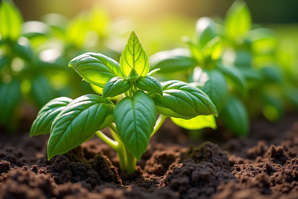Basilic en pot exposé au soleil dans un jardin potager