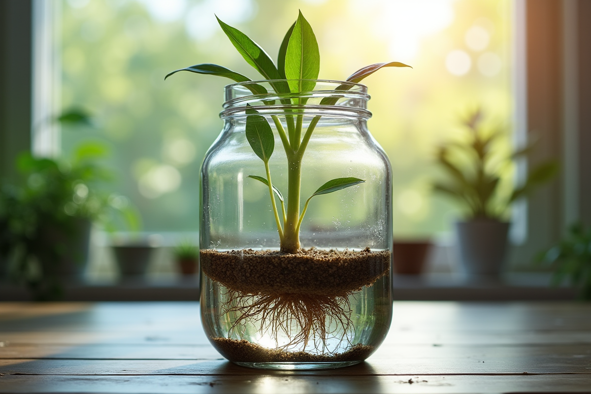 Boutures de plantes enracinées dans des contenants transparents d'eau