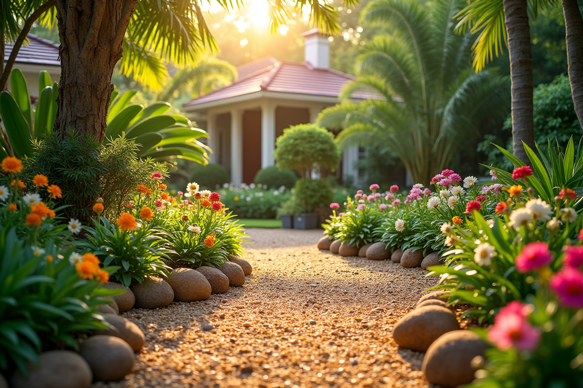 Paillage coco dans un jardin fleuri et bien entretenu