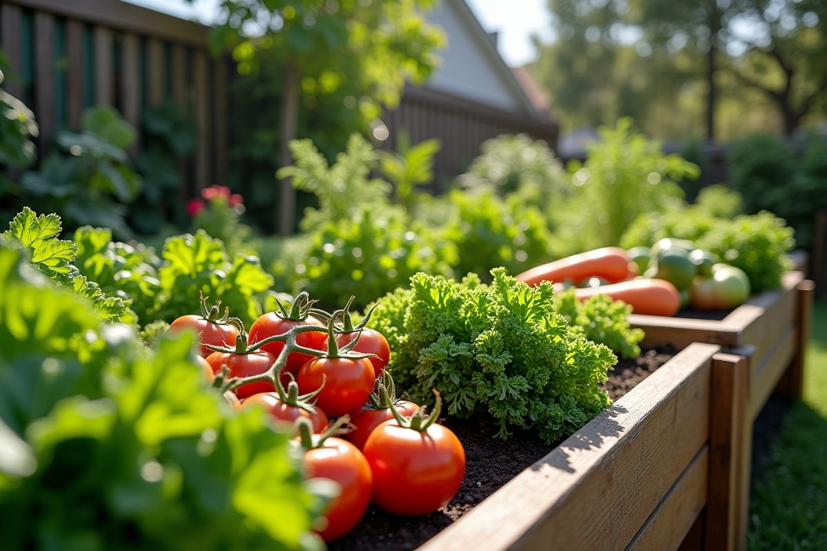 Potager surélevé avec cultures variées et bien entretenues